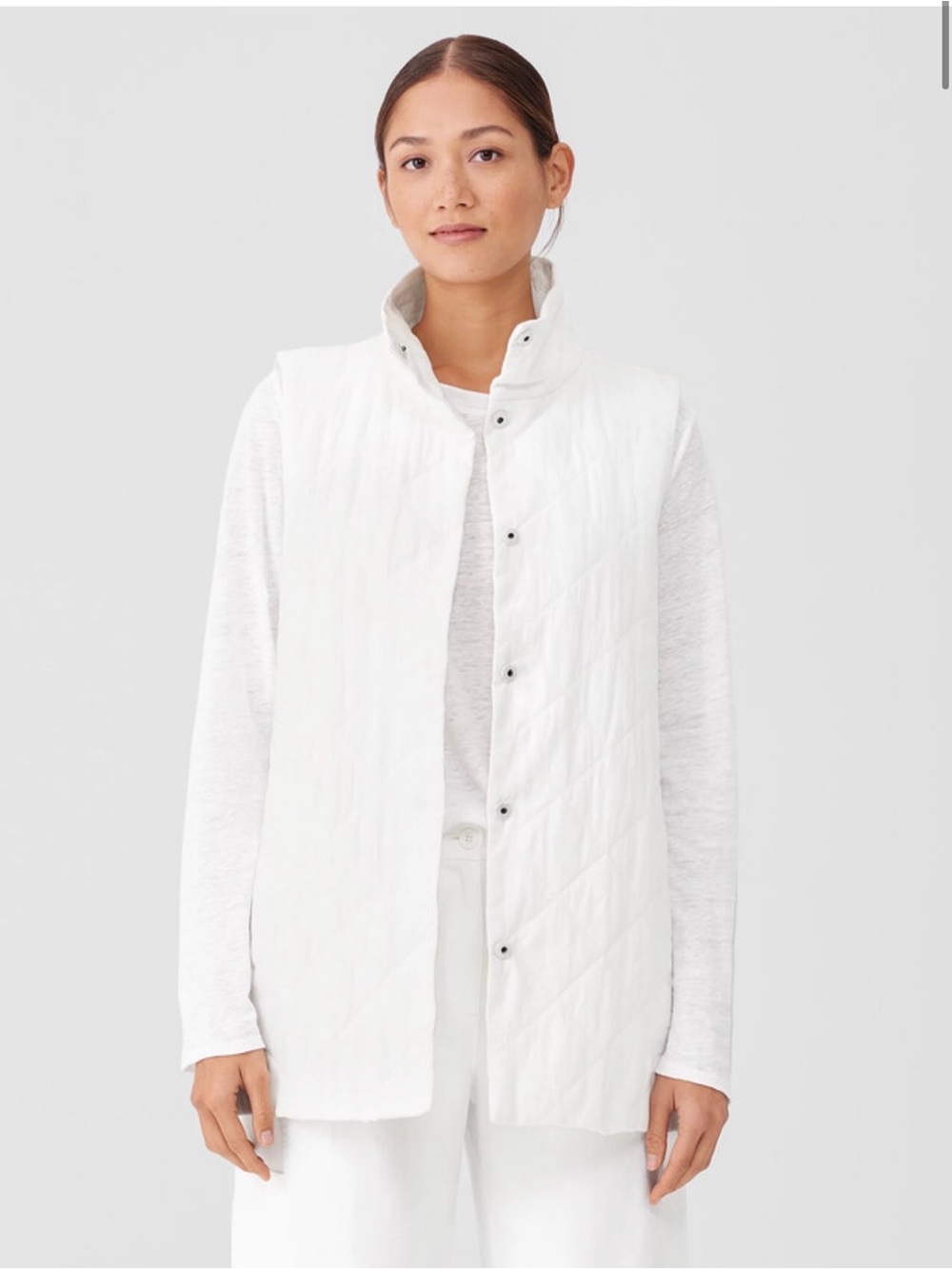 Eileen Fisher Organic Cotton Linen Quilted Crepe Stand Collar Vest White NEW